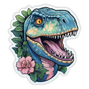 Blå dino med lyserød blomst klistermærke