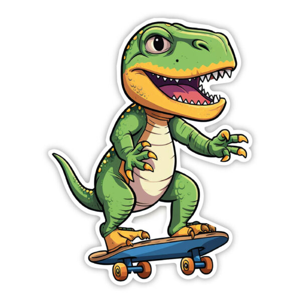 Grøn dino der skater klistermærke