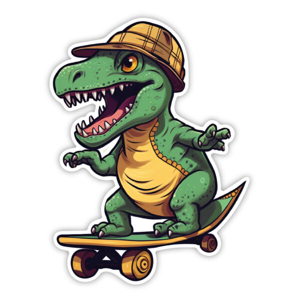 Grøn skater dino med hat klistermærke