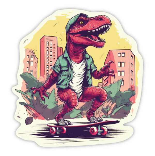 Rød dino skater klistermærke