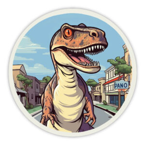 Glad orange dino i byen klistermærke