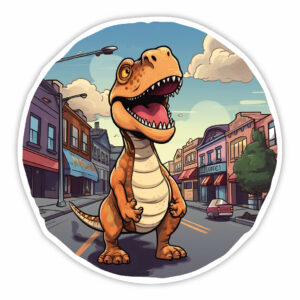 Meget glad orange dino i byen klistermærke