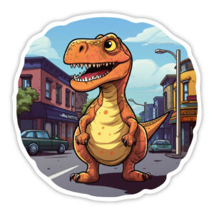 Orange dino på tur i byen klistermærke